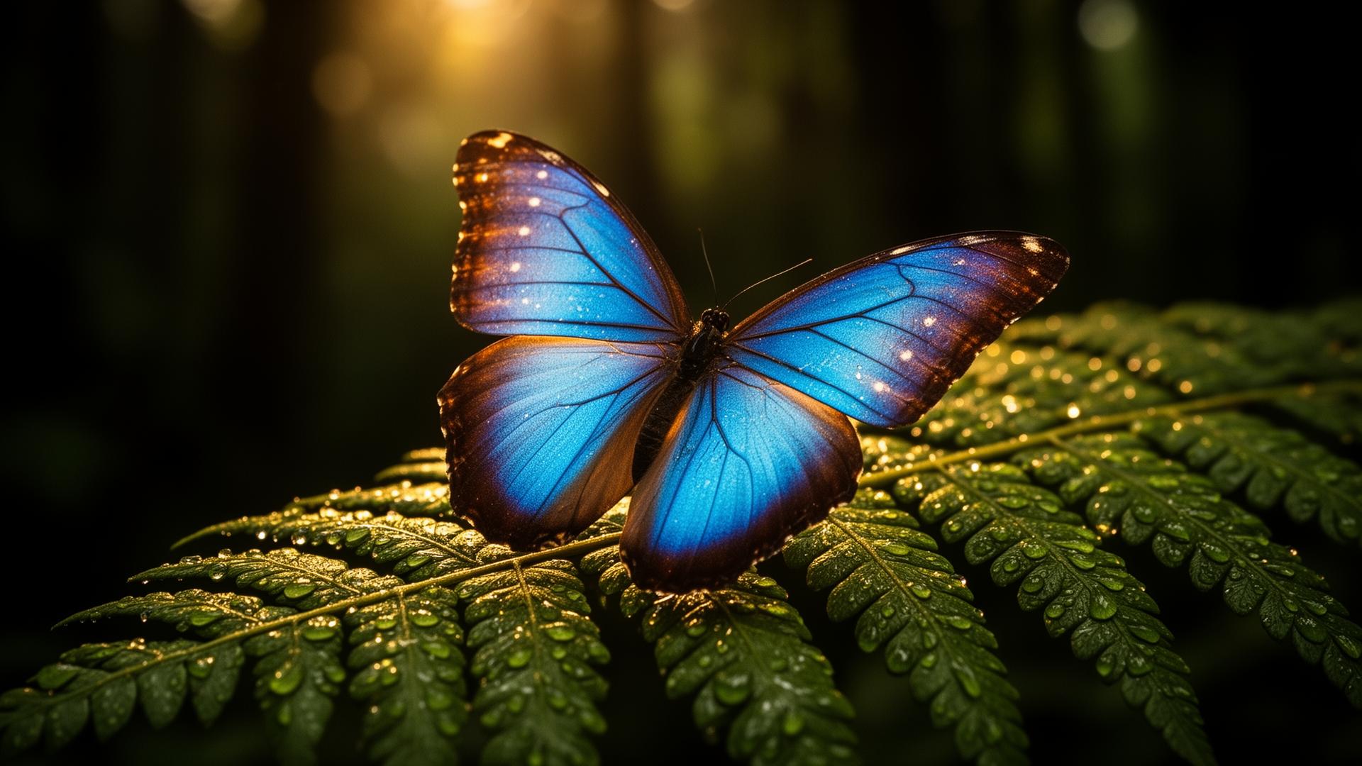 A blue morpho butterfly on a dew-covered fern