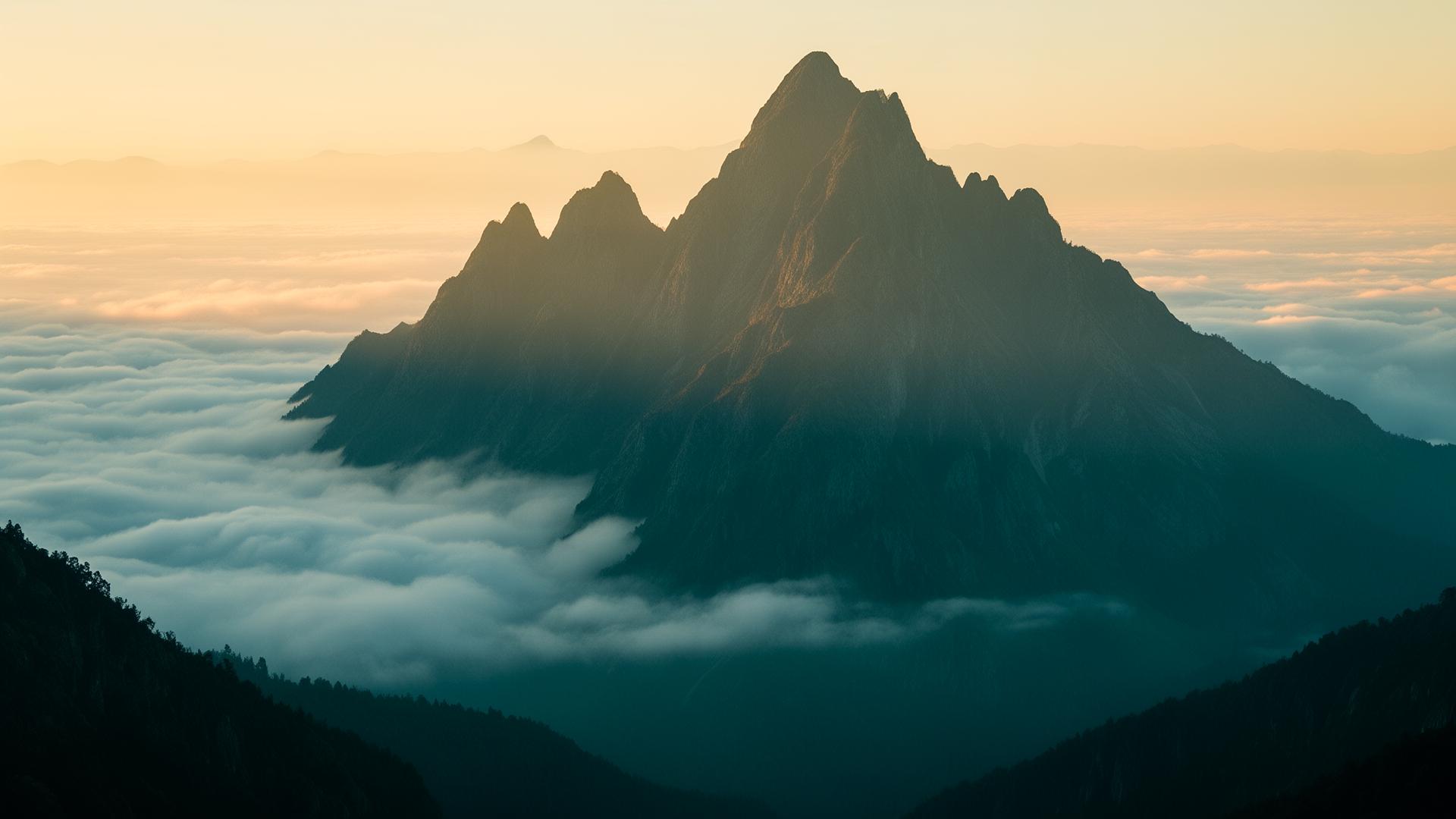 A mountain peak above a sea of clouds at sunrise